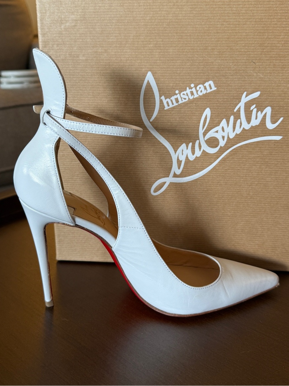 Christian Louboutin White Pointed-Toe Ankle-Strap Stiletto Pumps in Mascara 36.5 - Picture 9 of 16